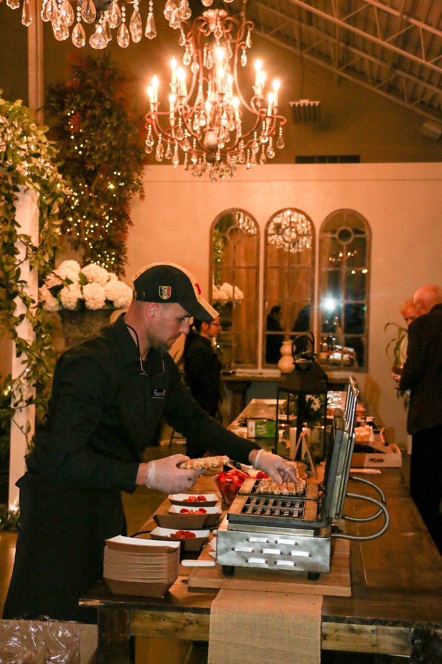 Bruges Belgian Bistro waffle station catering an elegant wedding reception